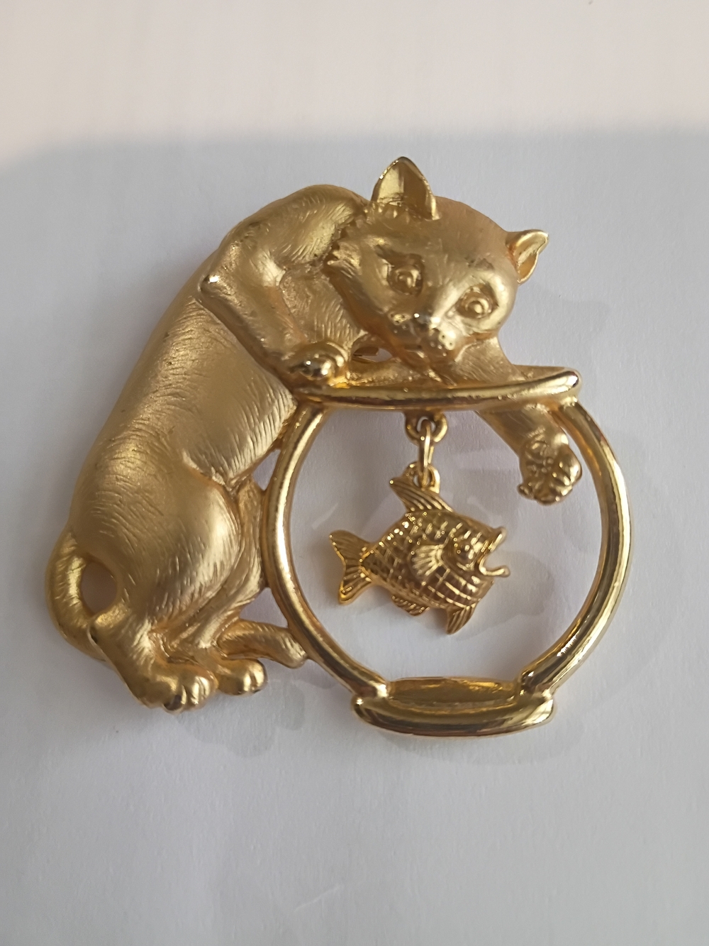 J&J. Gold-tone Cat and Fish Bowl Brooch
